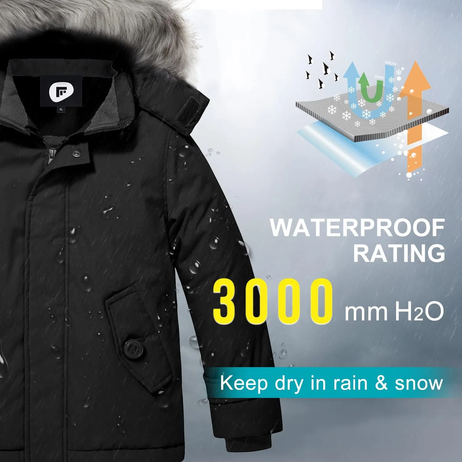 FARVALUE Boys Water Resistant Winter Coat Parka Jacket Quilted Fleece Lined Outwear Thicken Puffer Jacket Hood Coat