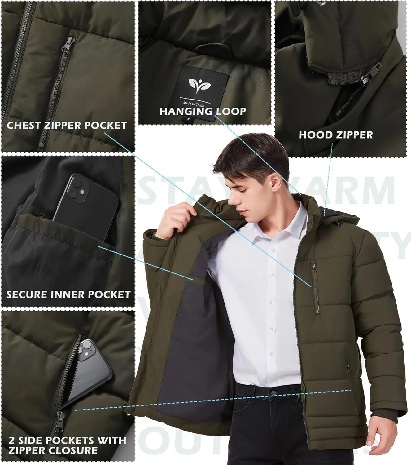GGleaf Men's Hooded Winter Coat Warm Puffer Jacket Thicken Quilted Jacket
