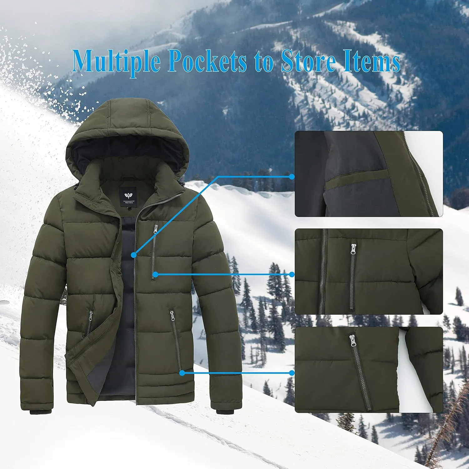 GGleaf Men's Hooded Winter Coat Warm Puffer Jacket Thicken Quilted Jacket