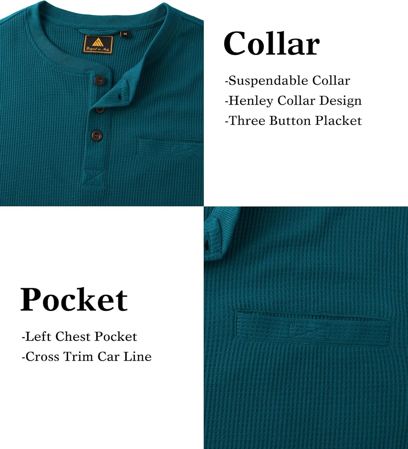 Henley Long Sleeve Shirts for Men Waffle Thermal Fashion Casual Tee Shirt Three Button Pullover with Pocket