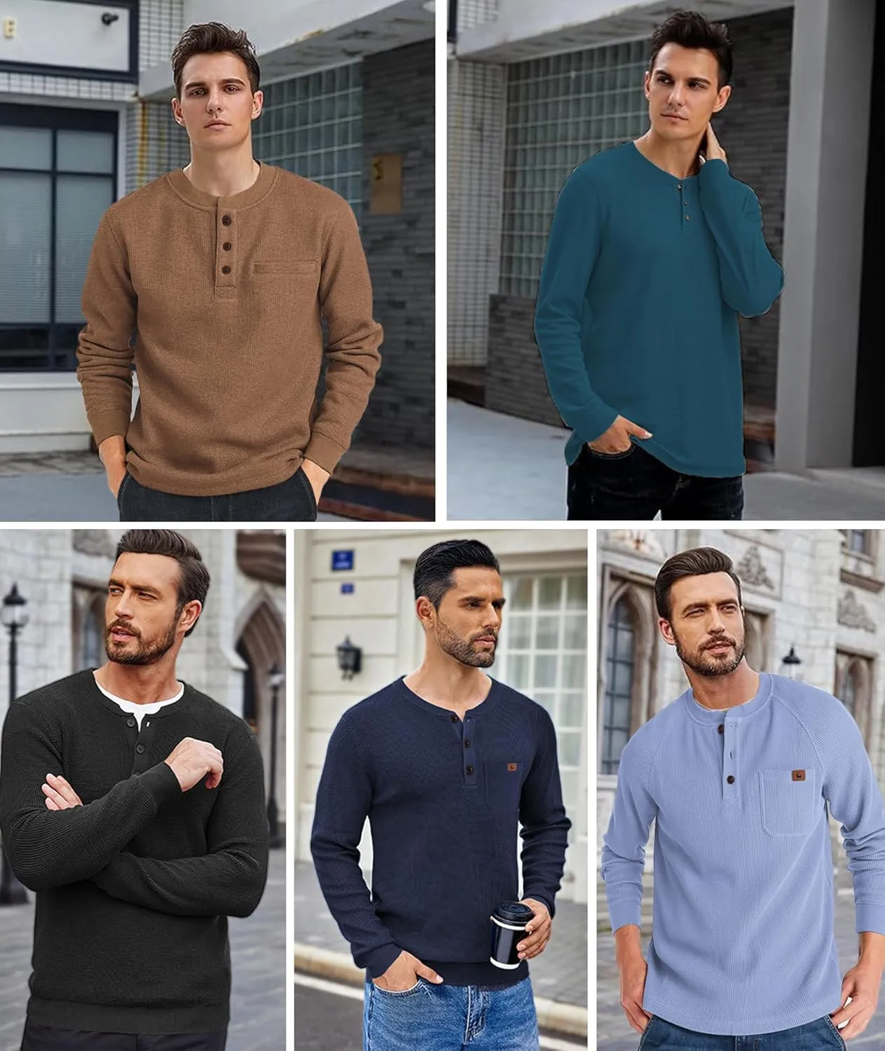 Henley Long Sleeve Shirts for Men Waffle Thermal Fashion Casual Tee Shirt Three Button Pullover with Pocket