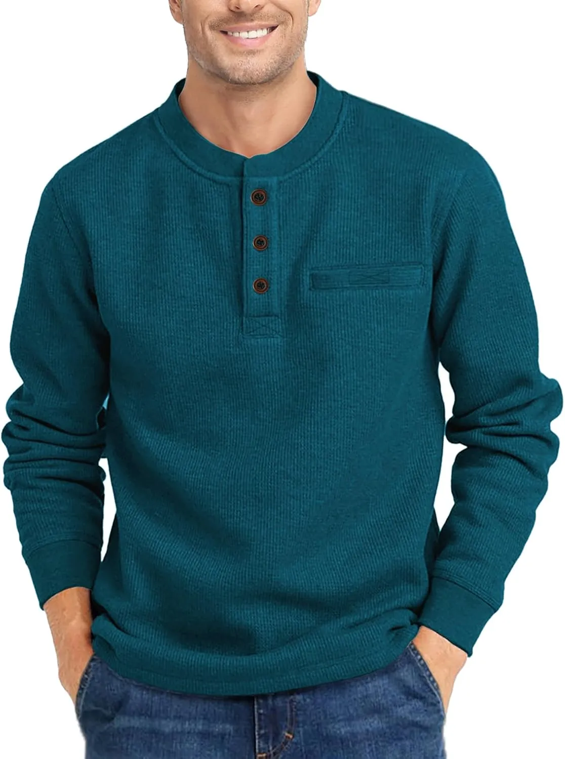 Henley Long Sleeve Shirts for Men Waffle Thermal Fashion Casual Tee Shirt Three Button Pullover with Pocket