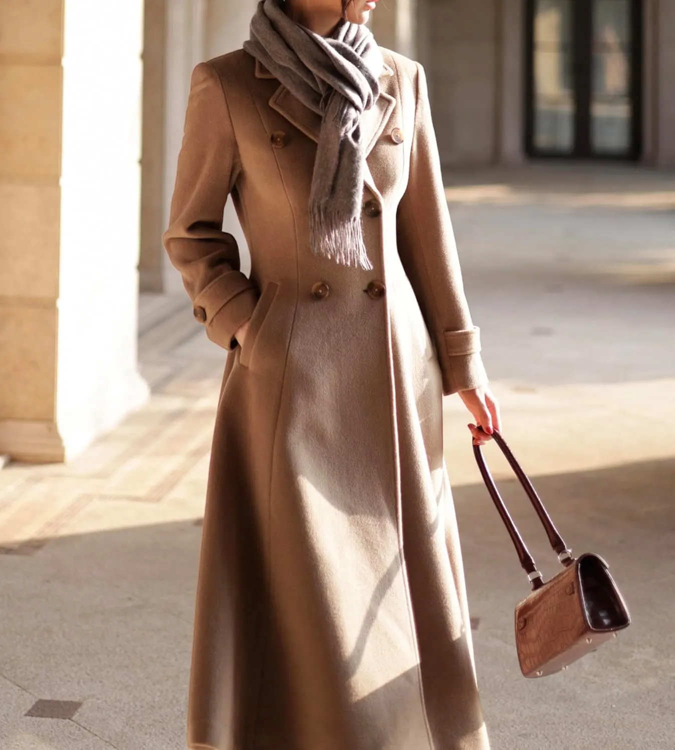 IDEALSANXUN Womens Long Wool Coat Fall Winter Double Breasted Trench Coat Peacoat Jackets