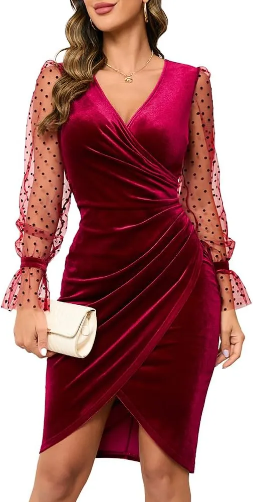 IHOT 2025 Women's Sexy V Neck Long Sheer Sleeve Velvet Faux Wrap Ruched Sheath Bodycon Cocktail Party Dress