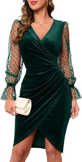 IHOT 2025 Women's Sexy V Neck Long Sheer Sleeve Velvet Faux Wrap Ruched Sheath Bodycon Cocktail Party Dress