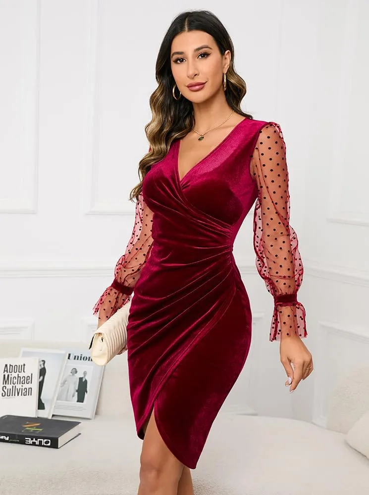 IHOT 2025 Women's Sexy V Neck Long Sheer Sleeve Velvet Faux Wrap Ruched Sheath Bodycon Cocktail Party Dress