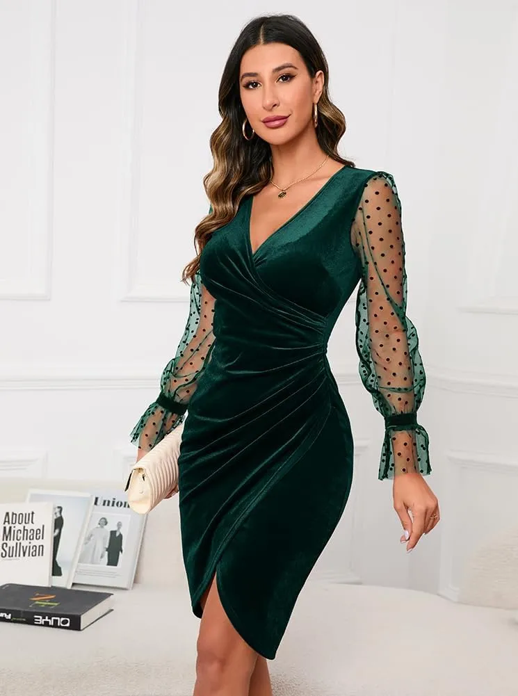 IHOT 2025 Women's Sexy V Neck Long Sheer Sleeve Velvet Faux Wrap Ruched Sheath Bodycon Cocktail Party Dress