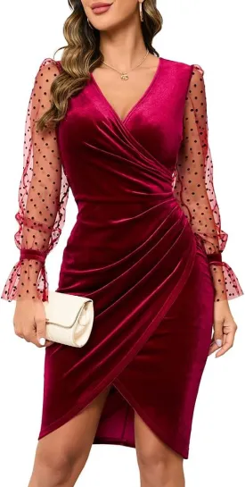 IHOT 2025 Women's Sexy V Neck Long Sheer Sleeve Velvet Faux Wrap Ruched Sheath Bodycon Cocktail Party Dress