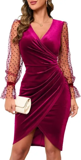 IHOT 2025 Women's Sexy V Neck Long Sheer Sleeve Velvet Faux Wrap Ruched Sheath Bodycon Cocktail Party Dress