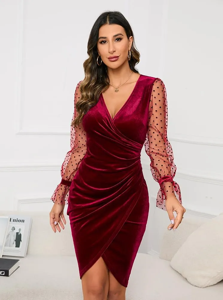 IHOT 2025 Women's Sexy V Neck Long Sheer Sleeve Velvet Faux Wrap Ruched Sheath Bodycon Cocktail Party Dress