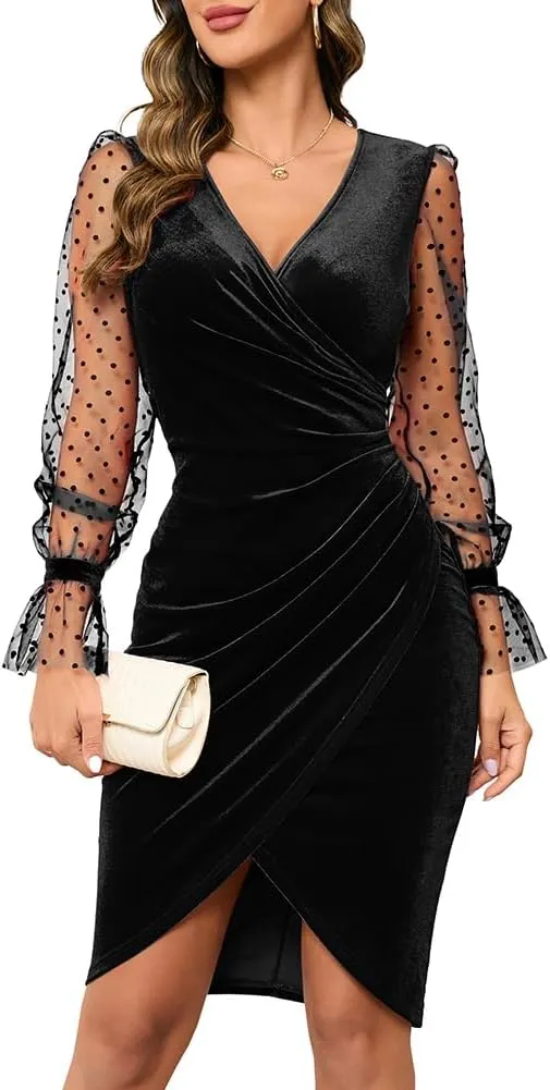 IHOT 2025 Women's Sexy V Neck Long Sheer Sleeve Velvet Faux Wrap Ruched Sheath Bodycon Cocktail Party Dress