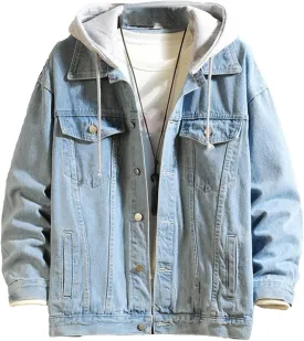 JEKE-DG Men Hoodie Jean Jacket Casual Slim Fit Denim Jacket Casual Long Sleeve Distressed Trucker Outwear with Hood