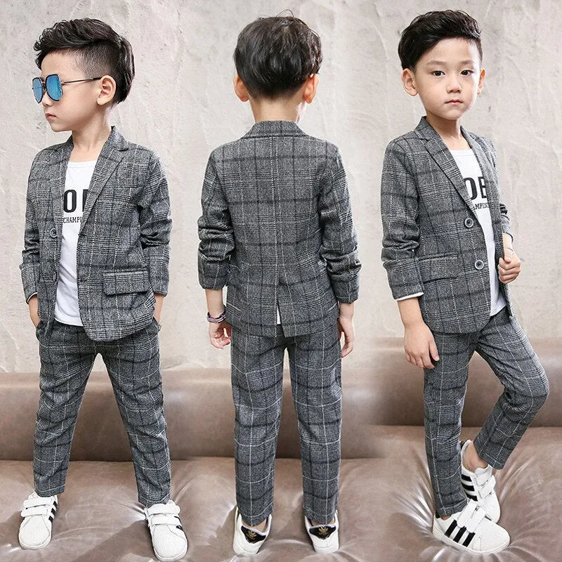 Kids Clothes 2019 new Spring autumn Long sleeve Children's suit Plaid Single Breasted  coat  pants 3-12 years Baby Boy Clothes