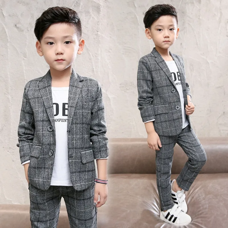 Kids Clothes 2019 new Spring autumn Long sleeve Children's suit Plaid Single Breasted  coat  pants 3-12 years Baby Boy Clothes