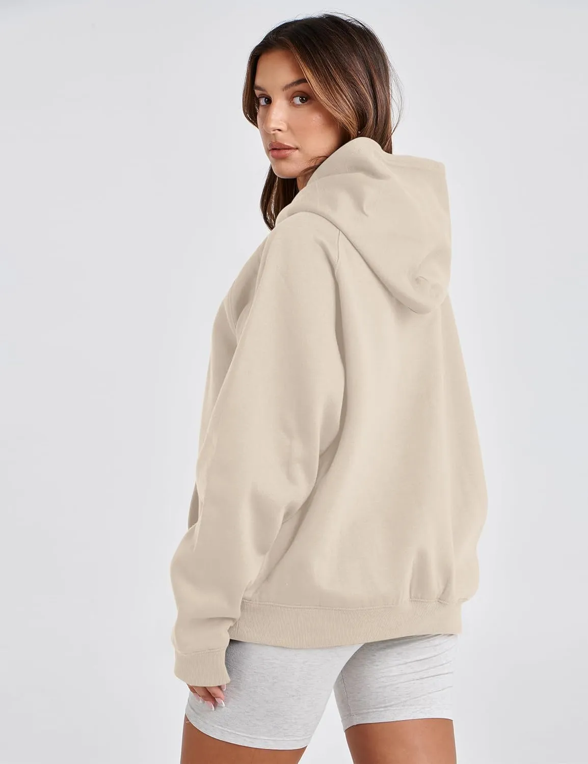 Lauweion Women Solid Basic Fleece Letter Loose Hoodie Sweatshirt Long Sleeve Kangaroo Pocket Drop Shoulder Pullovers Top