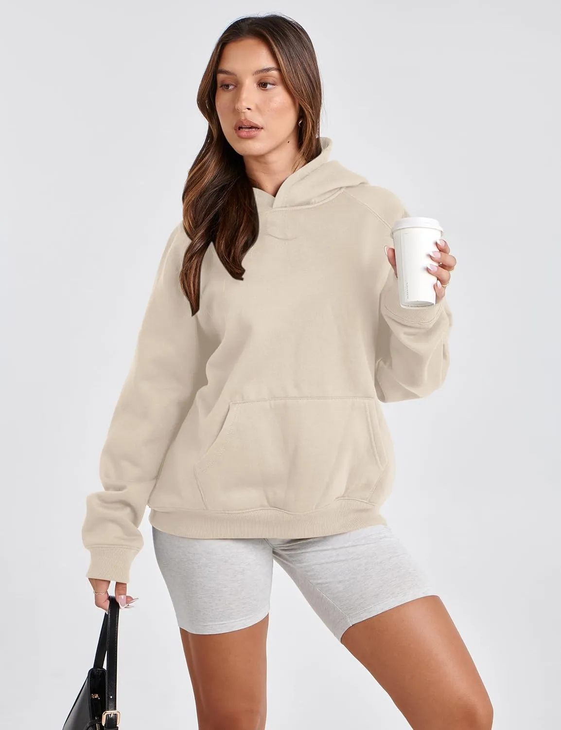 Lauweion Women Solid Basic Fleece Letter Loose Hoodie Sweatshirt Long Sleeve Kangaroo Pocket Drop Shoulder Pullovers Top