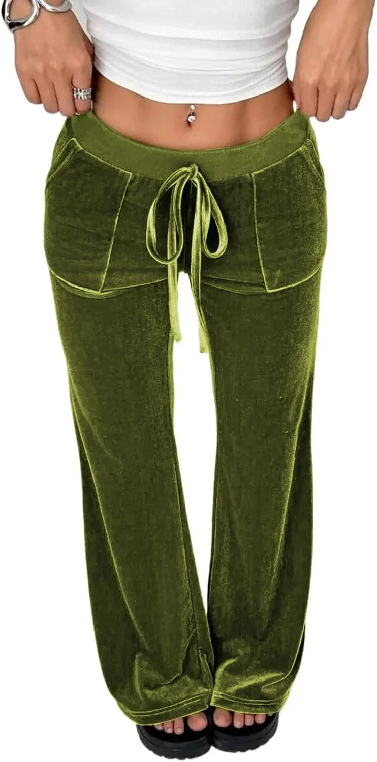 LifeShe Womens Velvet Flare Pant Drawstring Waist Bell Bottom Leggings Casual Long Palazzo Trousers