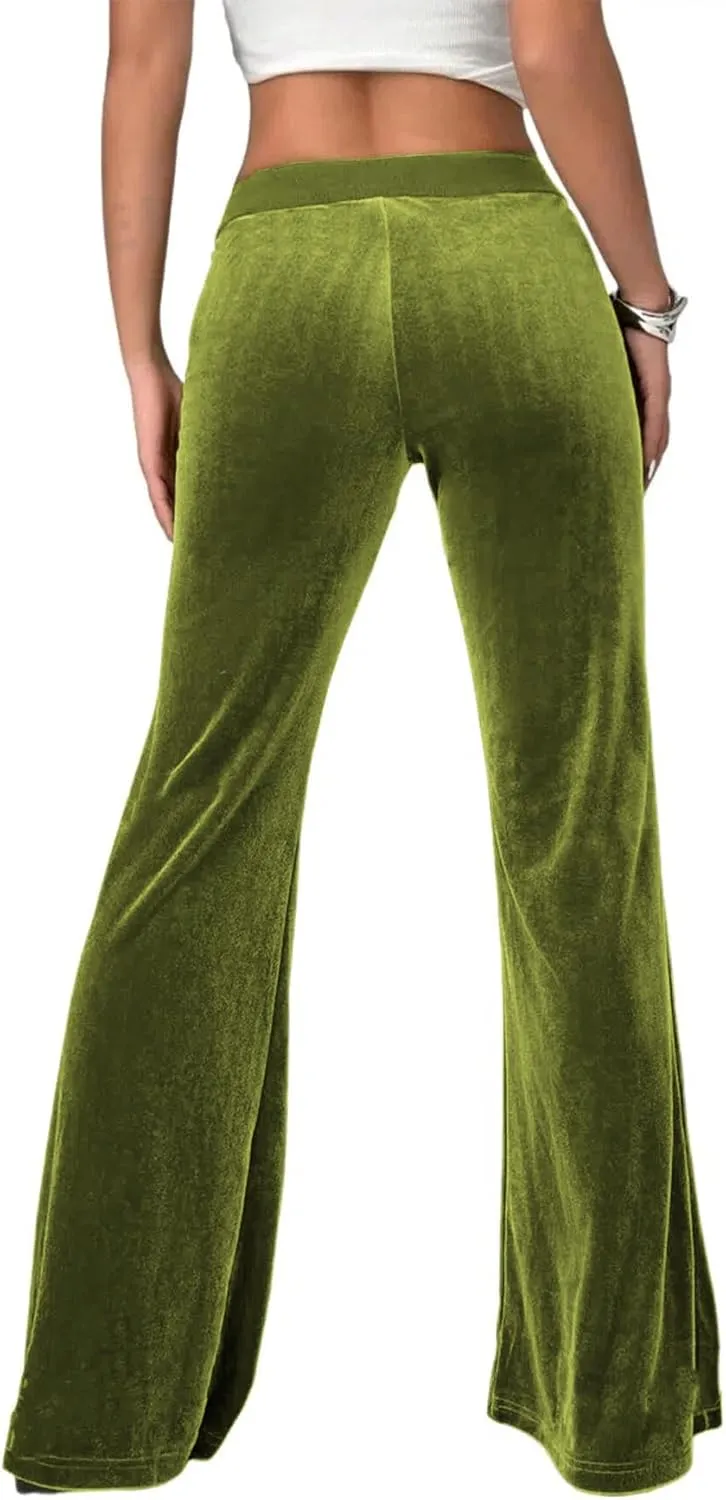 LifeShe Womens Velvet Flare Pant Drawstring Waist Bell Bottom Leggings Casual Long Palazzo Trousers