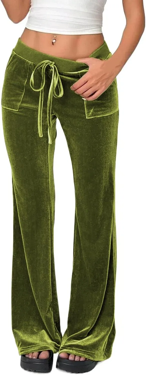 LifeShe Womens Velvet Flare Pant Drawstring Waist Bell Bottom Leggings Casual Long Palazzo Trousers