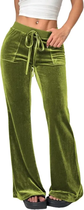 LifeShe Womens Velvet Flare Pant Drawstring Waist Bell Bottom Leggings Casual Long Palazzo Trousers
