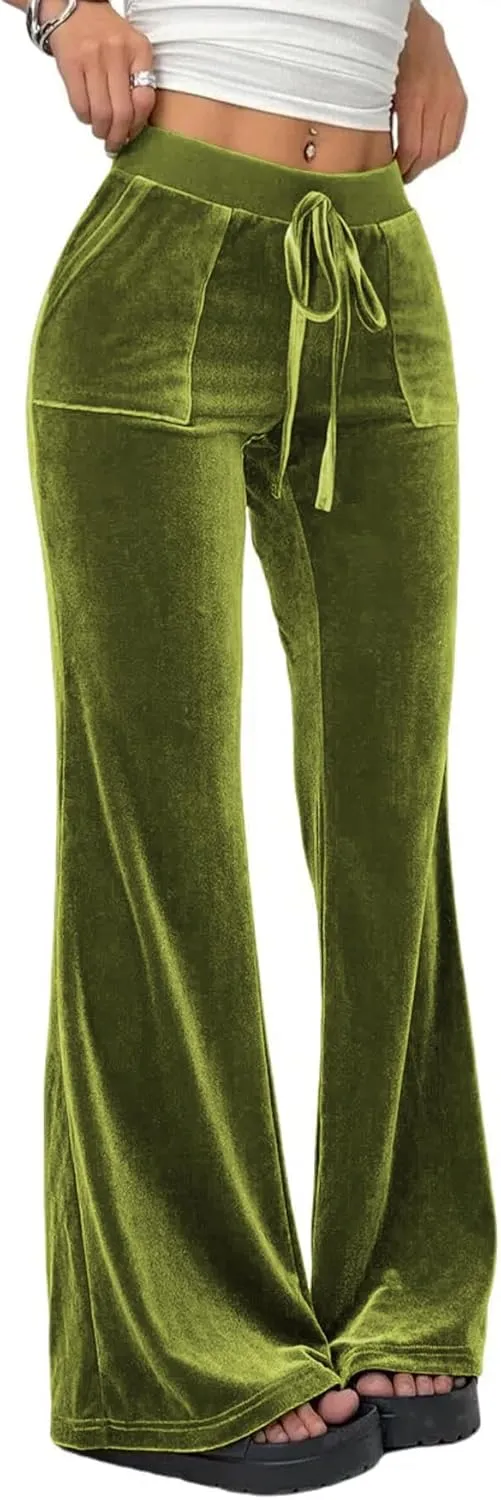 LifeShe Womens Velvet Flare Pant Drawstring Waist Bell Bottom Leggings Casual Long Palazzo Trousers