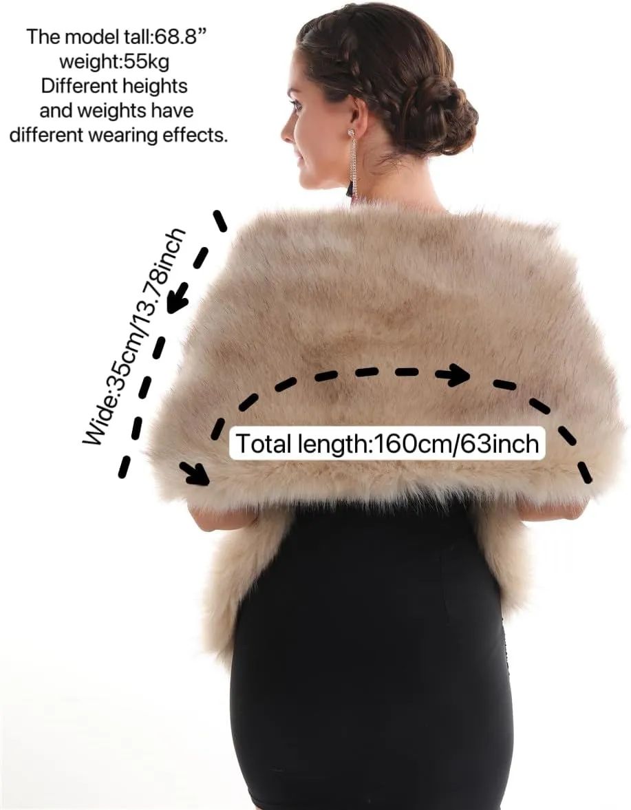 Lucky Leaf Women Luxurious Large Winter Faux Fur Scarf Wrap Collar Shrug for Lady Poncho Wedding Dinner Party