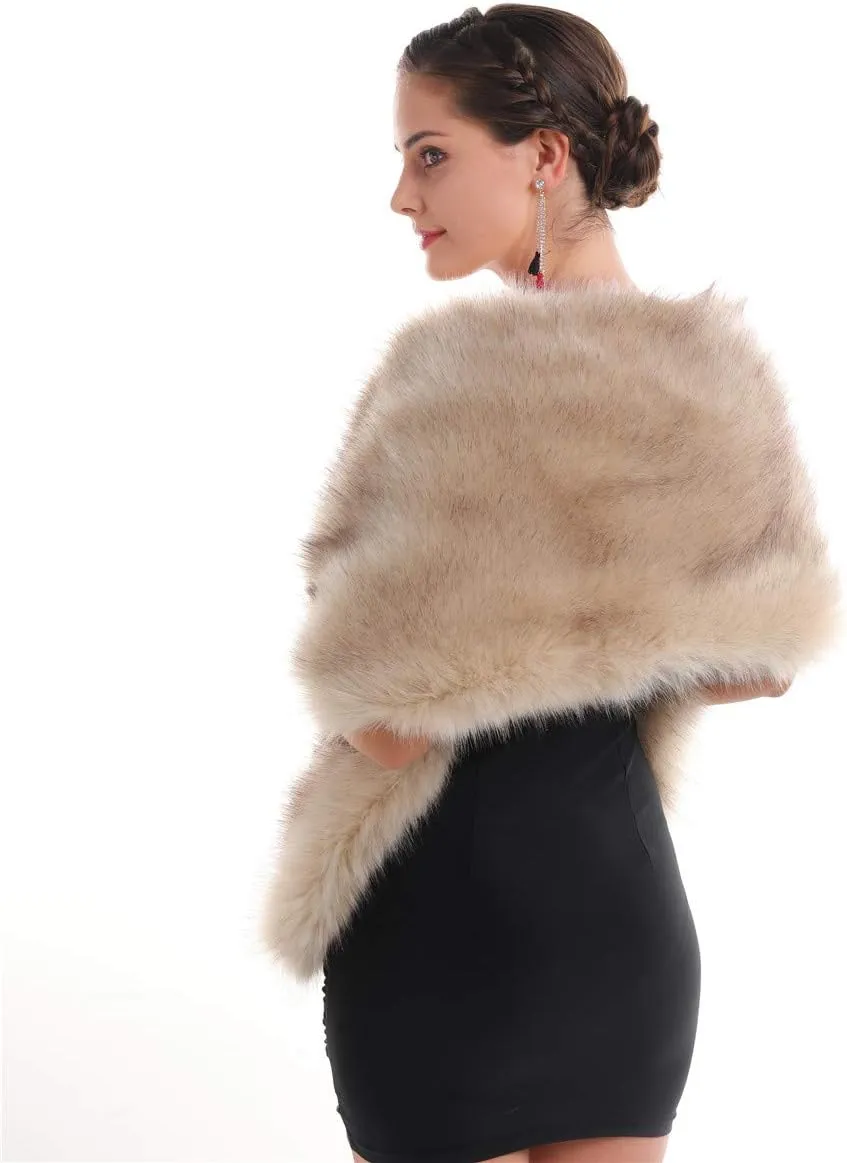 Lucky Leaf Women Luxurious Large Winter Faux Fur Scarf Wrap Collar Shrug for Lady Poncho Wedding Dinner Party