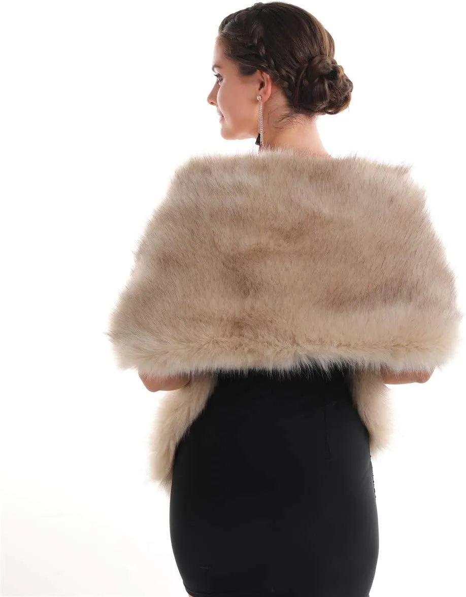 Lucky Leaf Women Luxurious Large Winter Faux Fur Scarf Wrap Collar Shrug for Lady Poncho Wedding Dinner Party