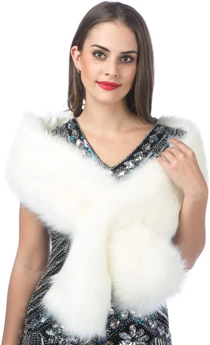 Lucky Leaf Women Luxurious Large Winter Faux Fur Scarf Wrap Collar Shrug for Lady Poncho Wedding Dinner Party