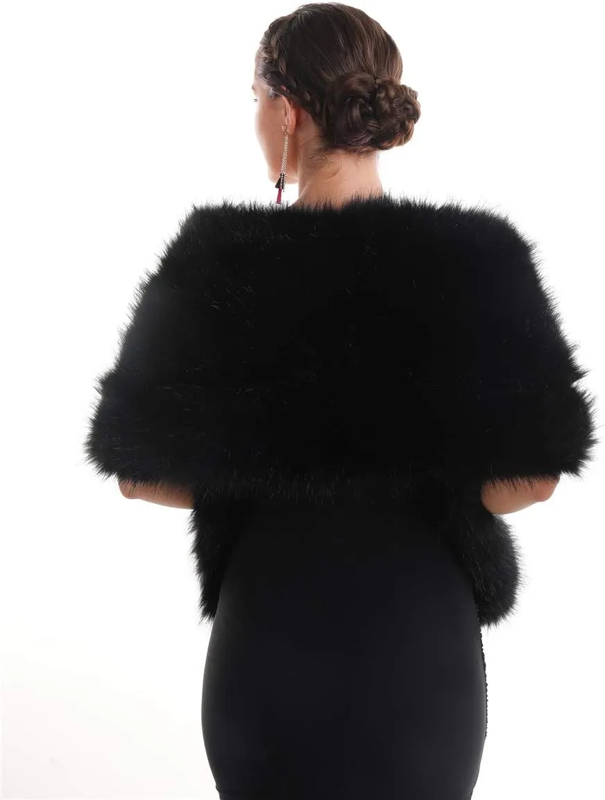 Lucky Leaf Women Luxurious Large Winter Faux Fur Scarf Wrap Collar Shrug for Lady Poncho Wedding Dinner Party
