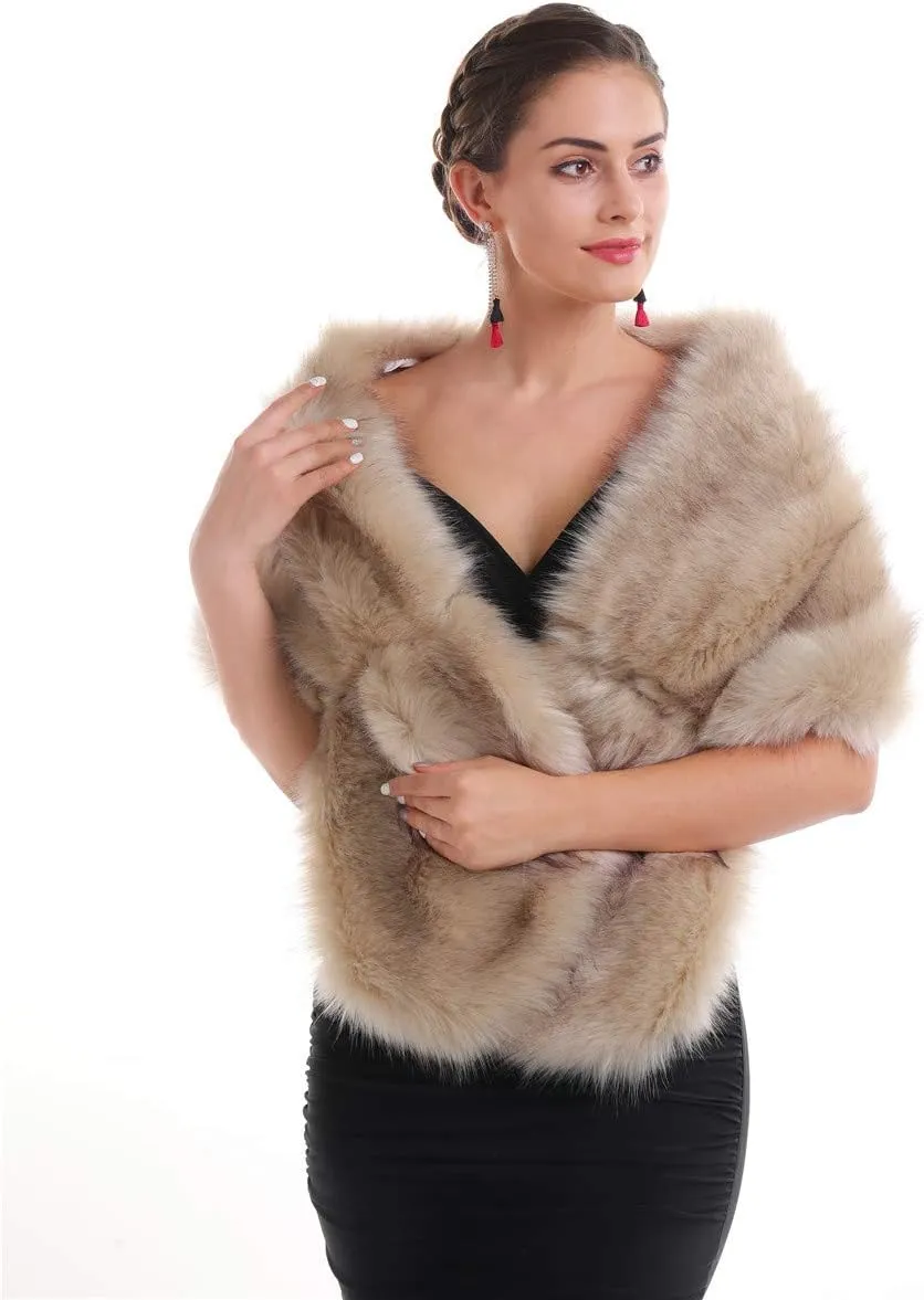 Lucky Leaf Women Luxurious Large Winter Faux Fur Scarf Wrap Collar Shrug for Lady Poncho Wedding Dinner Party