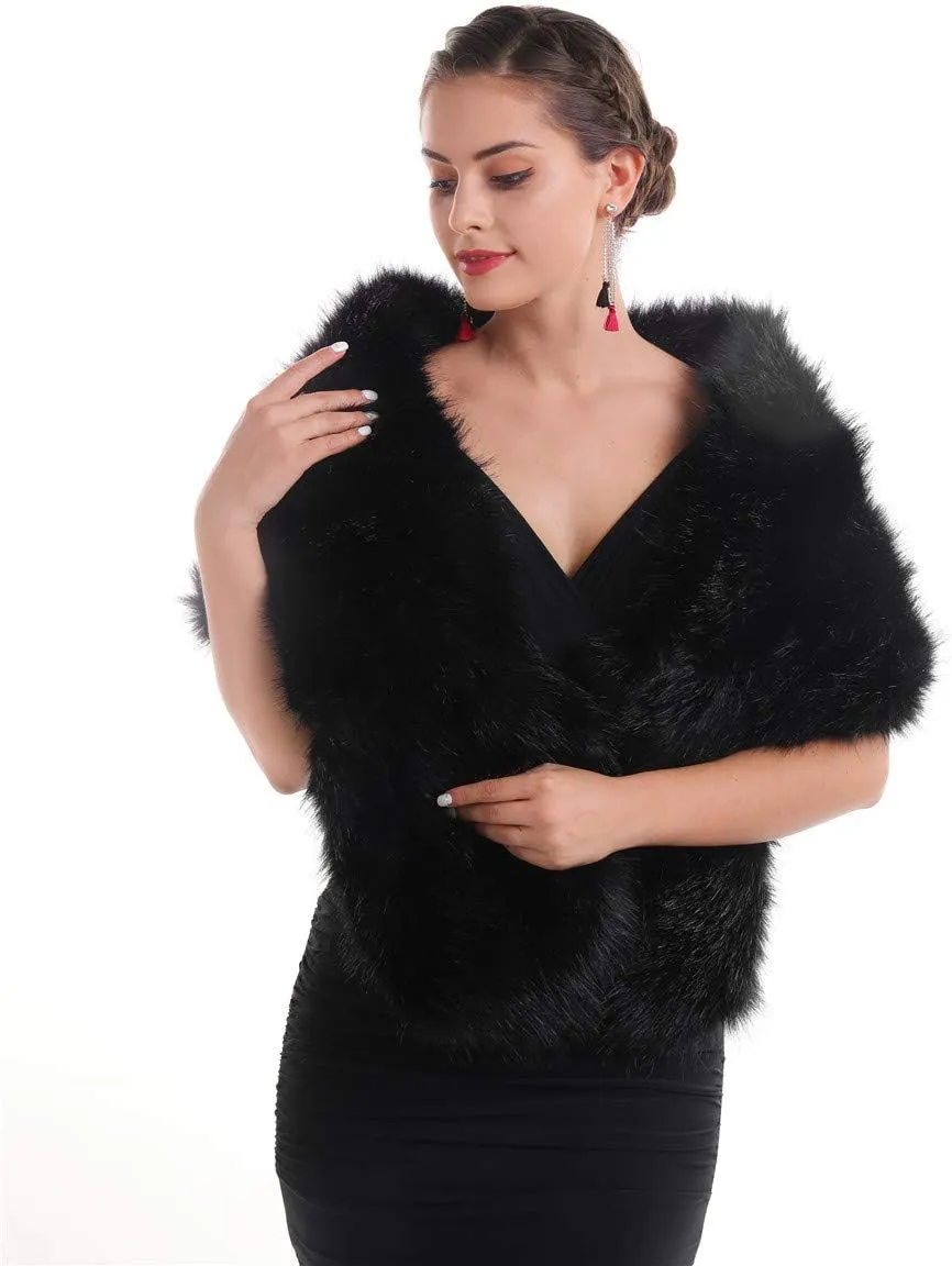 Lucky Leaf Women Luxurious Large Winter Faux Fur Scarf Wrap Collar Shrug for Lady Poncho Wedding Dinner Party