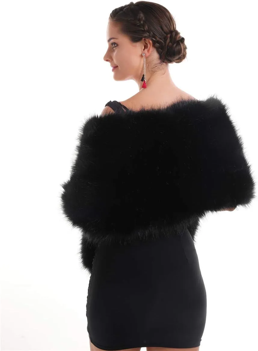 Lucky Leaf Women Luxurious Large Winter Faux Fur Scarf Wrap Collar Shrug for Lady Poncho Wedding Dinner Party