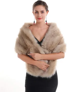 Lucky Leaf Women Luxurious Large Winter Faux Fur Scarf Wrap Collar Shrug for Lady Poncho Wedding Dinner Party