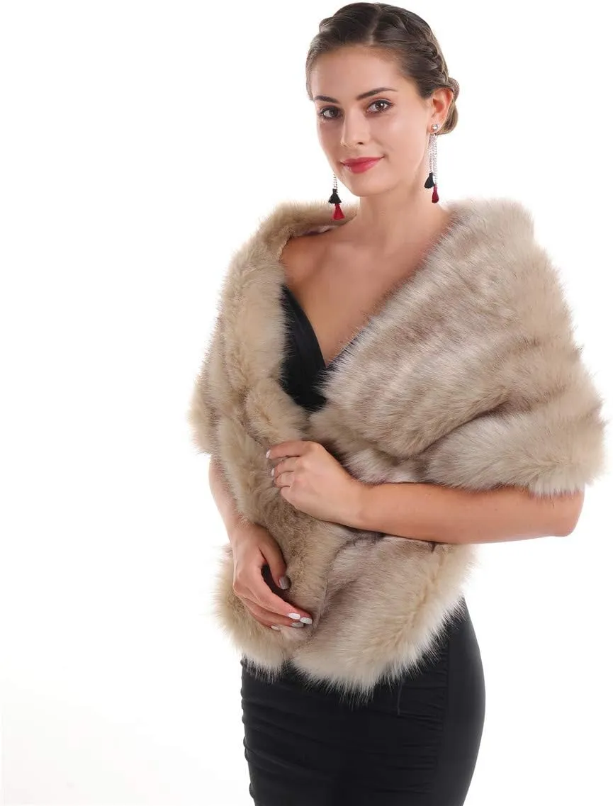 Lucky Leaf Women Luxurious Large Winter Faux Fur Scarf Wrap Collar Shrug for Lady Poncho Wedding Dinner Party