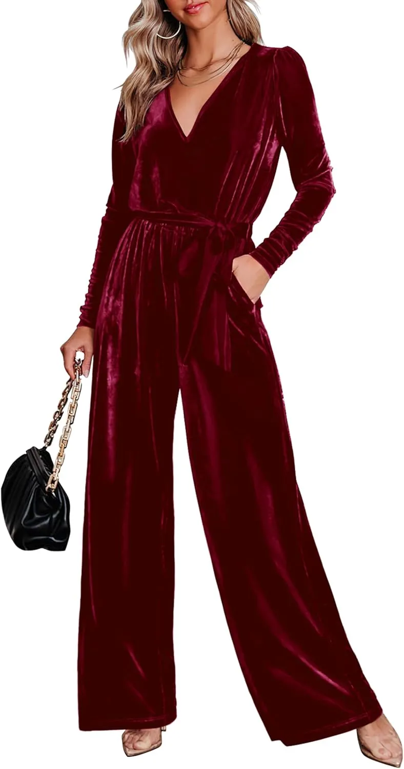 MASCOMODA 2024 Velvet Long Sleeve Wide Leg Jumpsuits for Women Dressy V Neck Belted Romper One Piece Fall Outfits with Pocket
