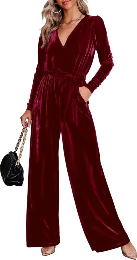 MASCOMODA 2024 Velvet Long Sleeve Wide Leg Jumpsuits for Women Dressy V Neck Belted Romper One Piece Fall Outfits with Pocket