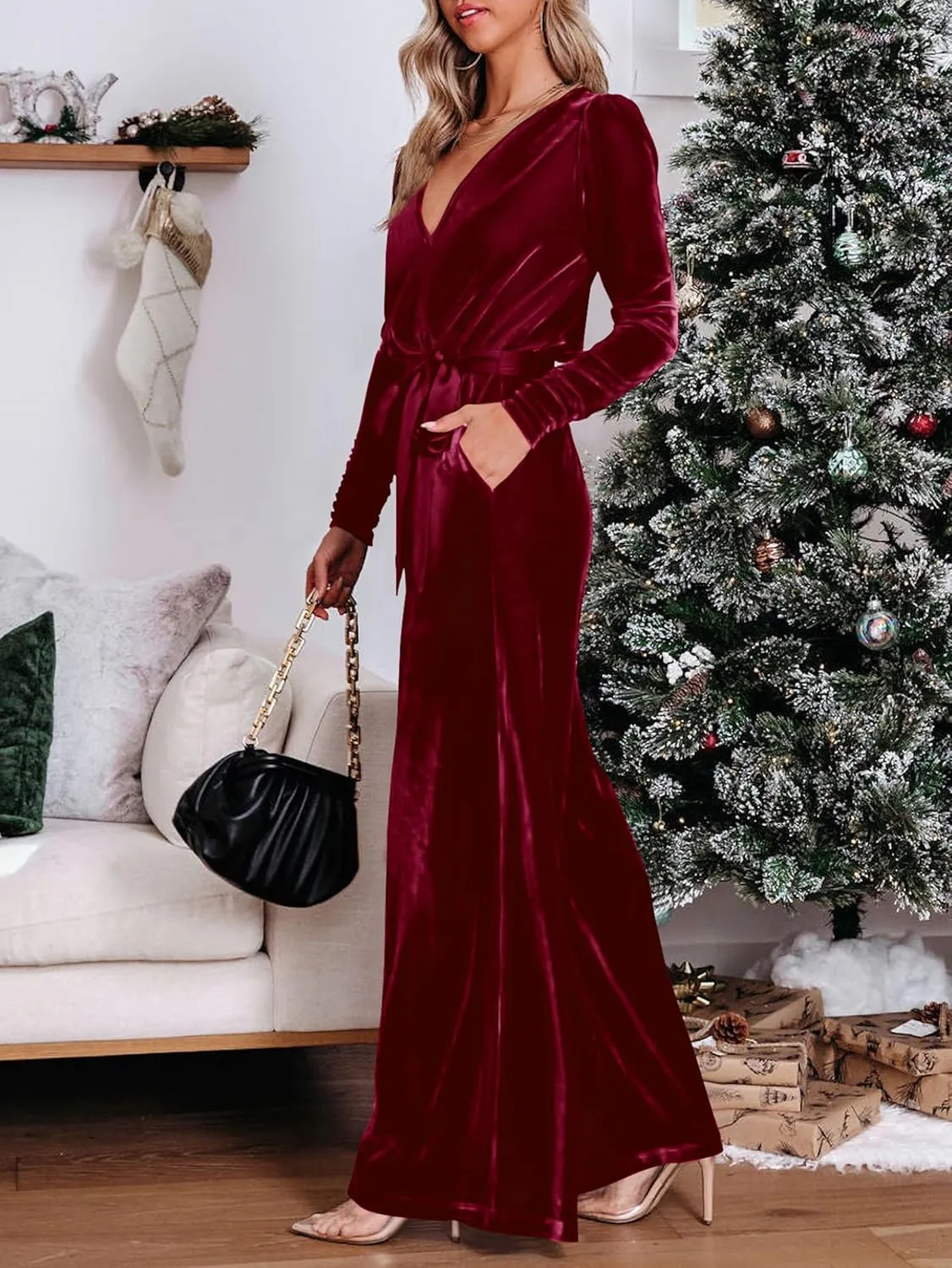 MASCOMODA 2024 Velvet Long Sleeve Wide Leg Jumpsuits for Women Dressy V Neck Belted Romper One Piece Fall Outfits with Pocket