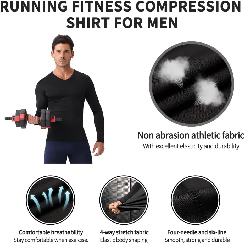 Men's Compression Shirt V Neck Long Sleeve Workout Shirts Cool Dry Athletic Gym Undershirts Active Sports Baselayer Tops