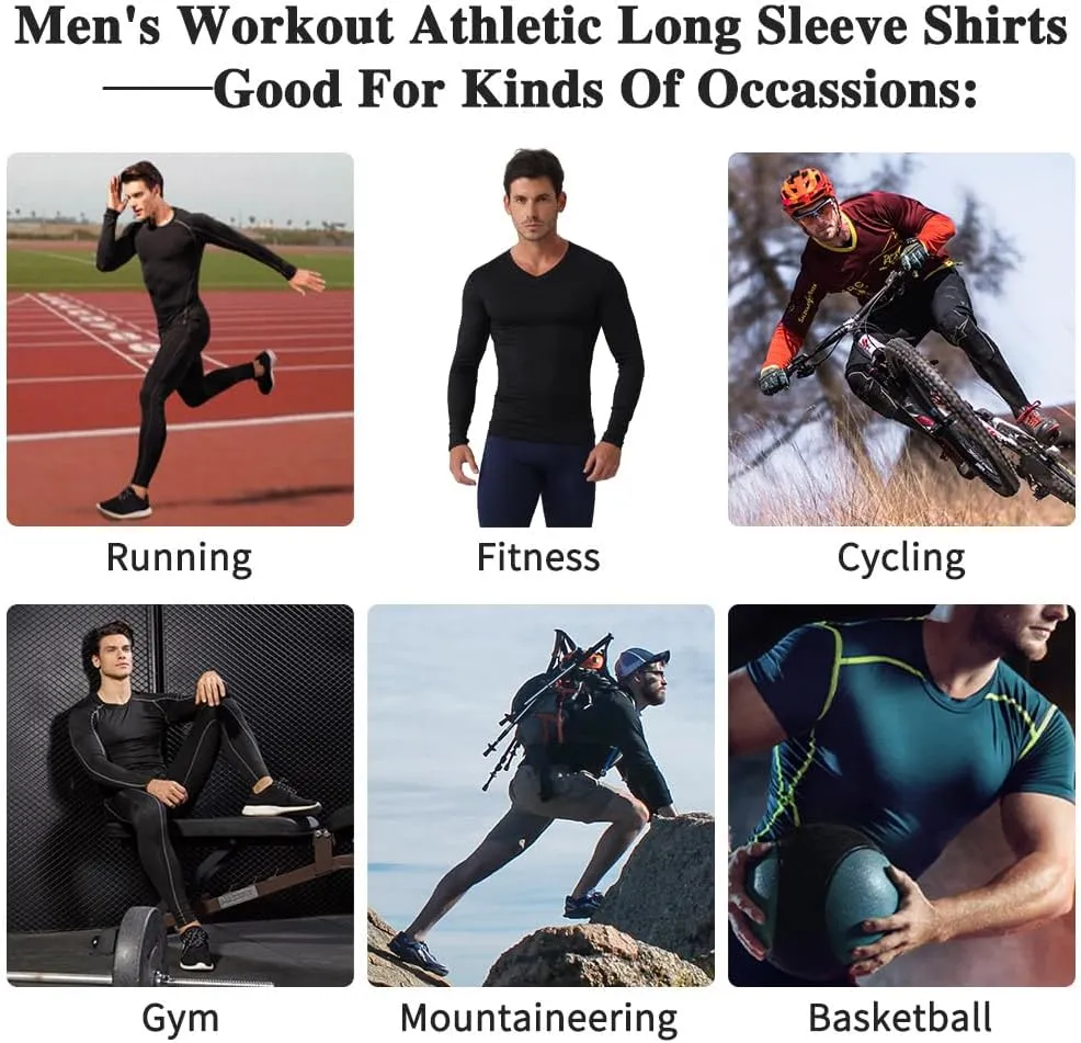 Men's Compression Shirt V Neck Long Sleeve Workout Shirts Cool Dry Athletic Gym Undershirts Active Sports Baselayer Tops