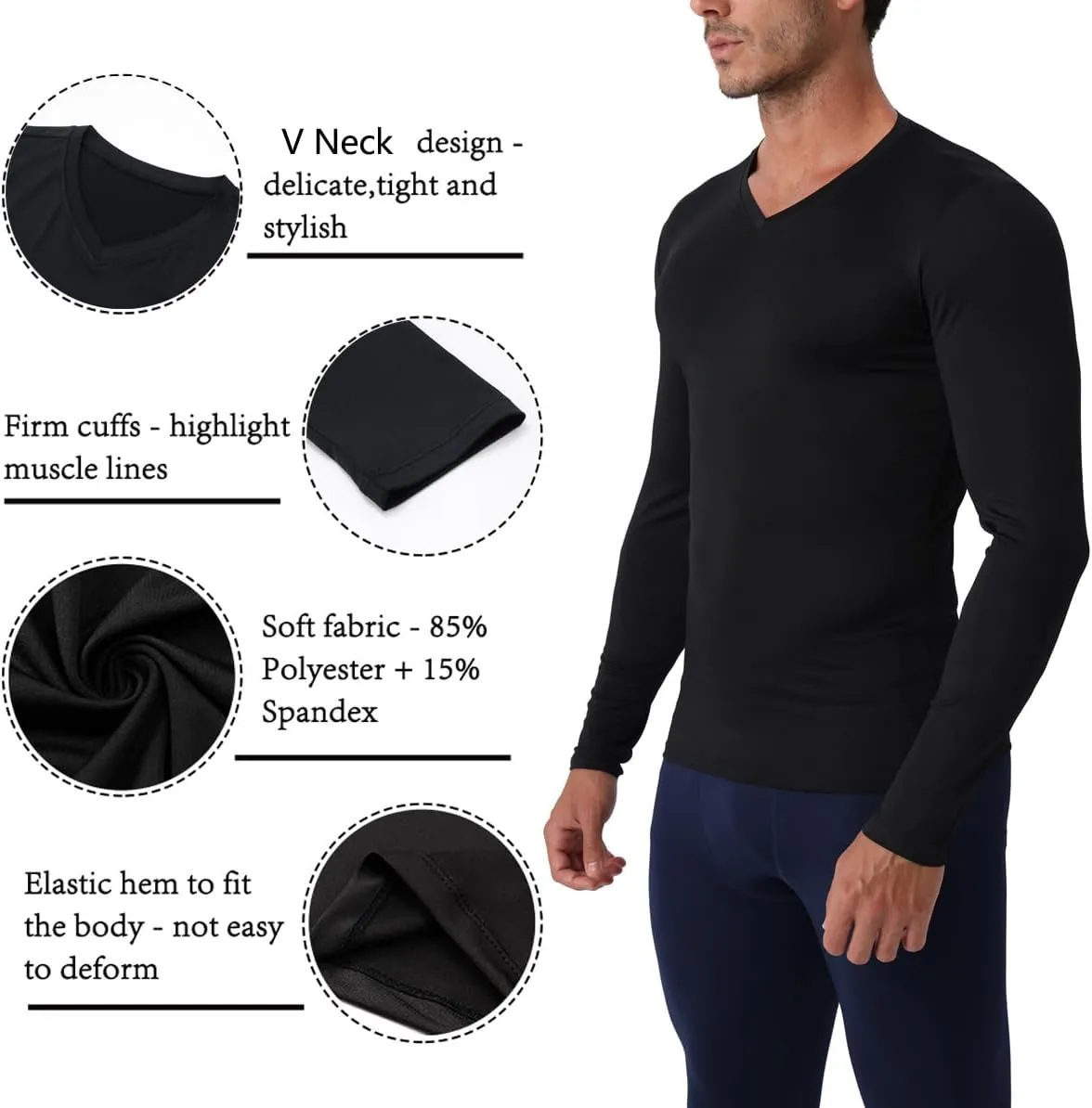 Men's Compression Shirt V Neck Long Sleeve Workout Shirts Cool Dry Athletic Gym Undershirts Active Sports Baselayer Tops