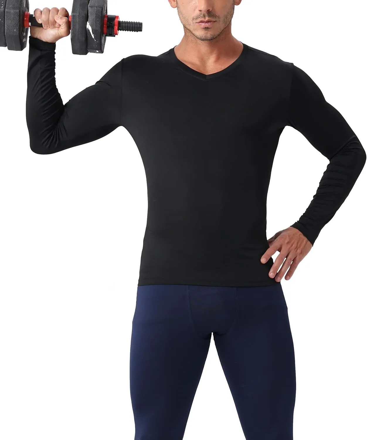 Men's Compression Shirt V Neck Long Sleeve Workout Shirts Cool Dry Athletic Gym Undershirts Active Sports Baselayer Tops