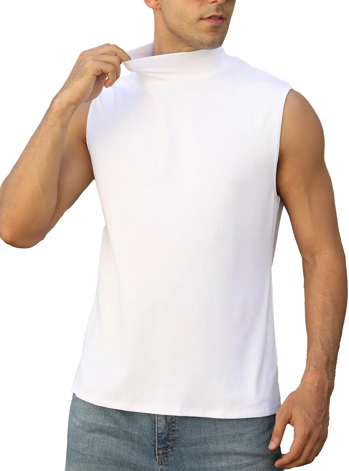 Mens Mock Turtleneck Tee Shirts Sleeveless Casual Basic Slim Fit Knitted Pullover Tank Tops