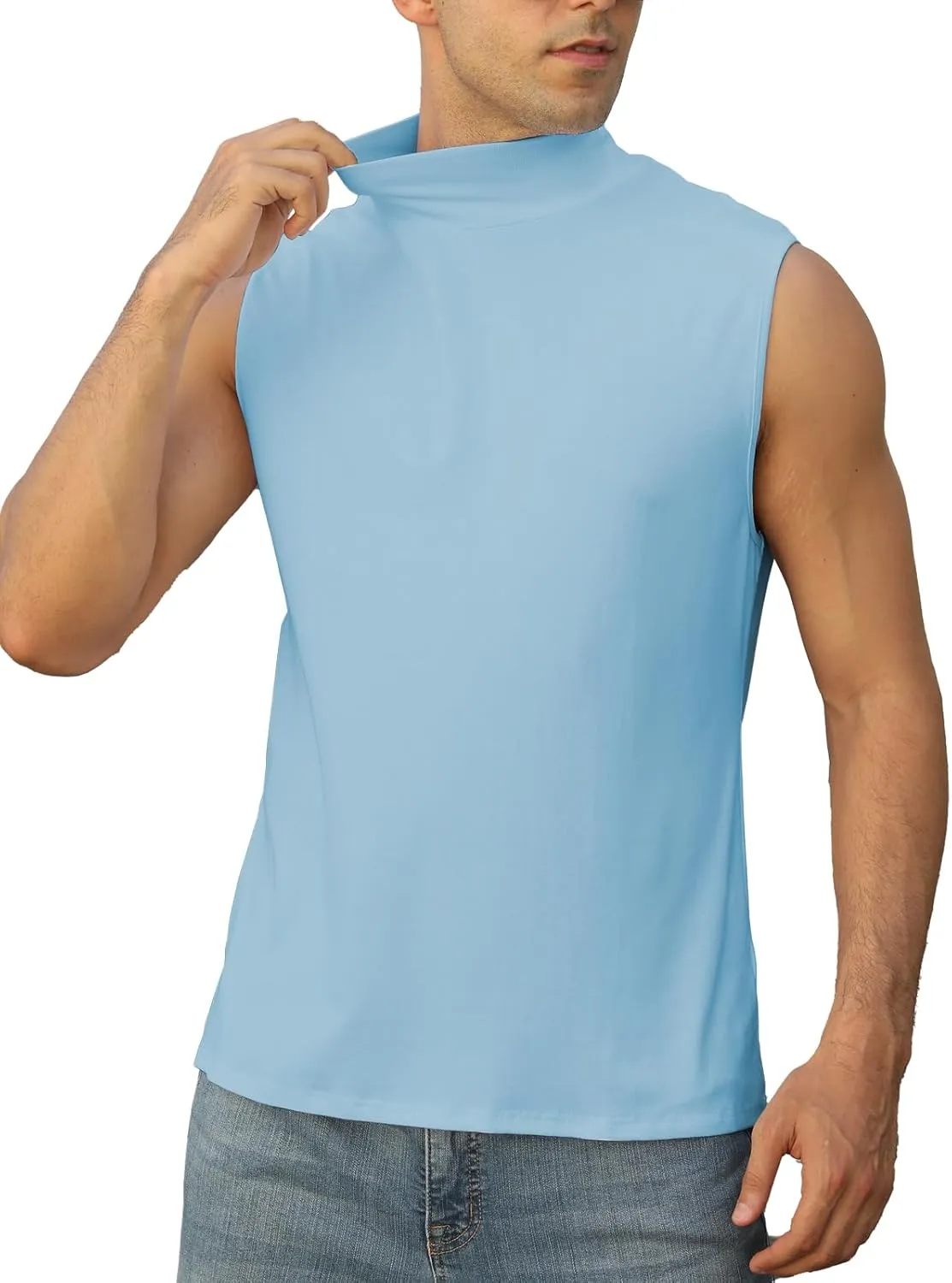 Mens Mock Turtleneck Tee Shirts Sleeveless Casual Basic Slim Fit Knitted Pullover Tank Tops