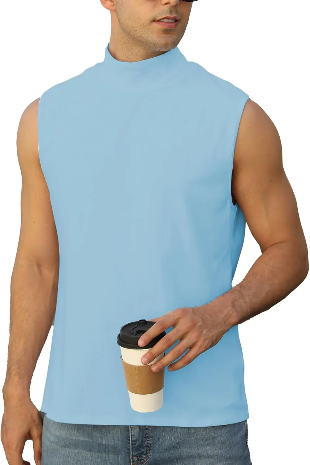 Mens Mock Turtleneck Tee Shirts Sleeveless Casual Basic Slim Fit Knitted Pullover Tank Tops
