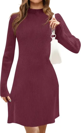 MEROKEETY Women's 2025 Fall Long Sleeve Sweater Dress Turtleneck Ribbed Knit Bodycon Short Mini Dresses