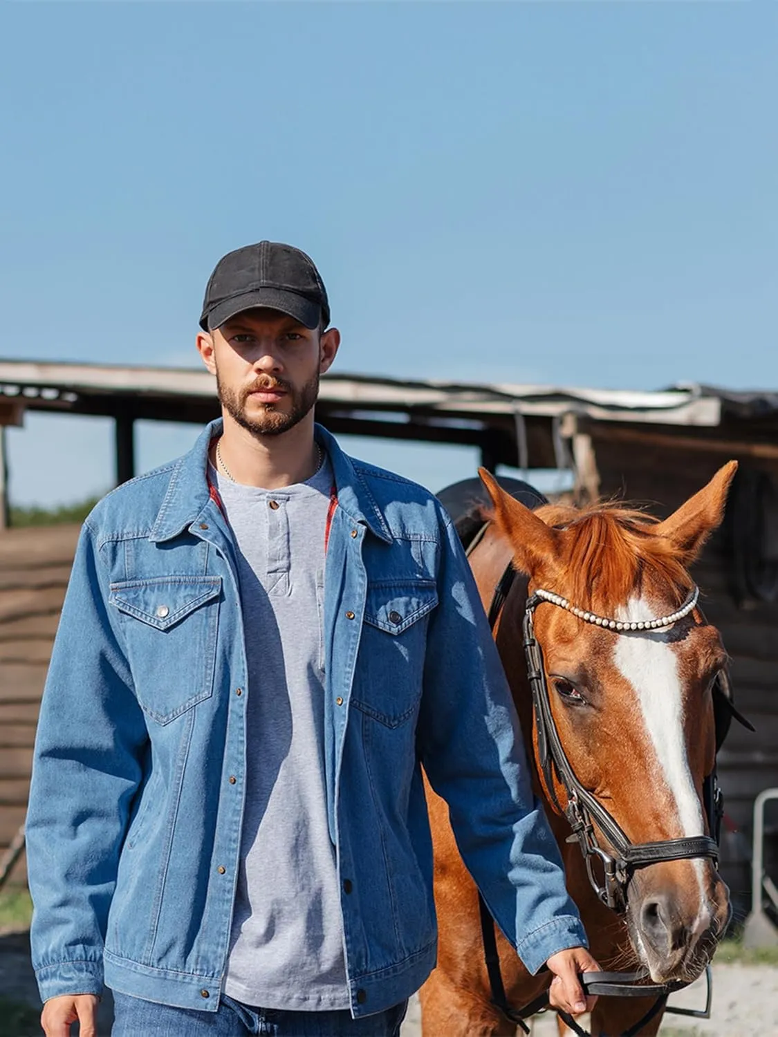 Mr.Stream Men's Snap Jean Jacket Western Cowboy Plaid Flannel Lined Work Denim Trucker Jackets
