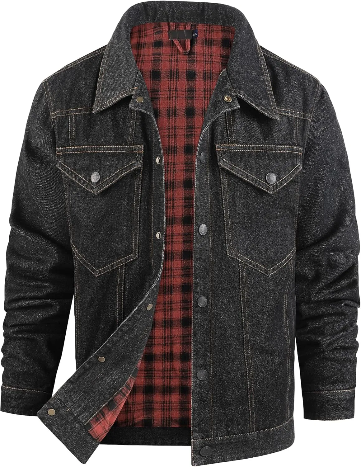 Mr.Stream Men's Snap Jean Jacket Western Cowboy Plaid Flannel Lined Work Denim Trucker Jackets