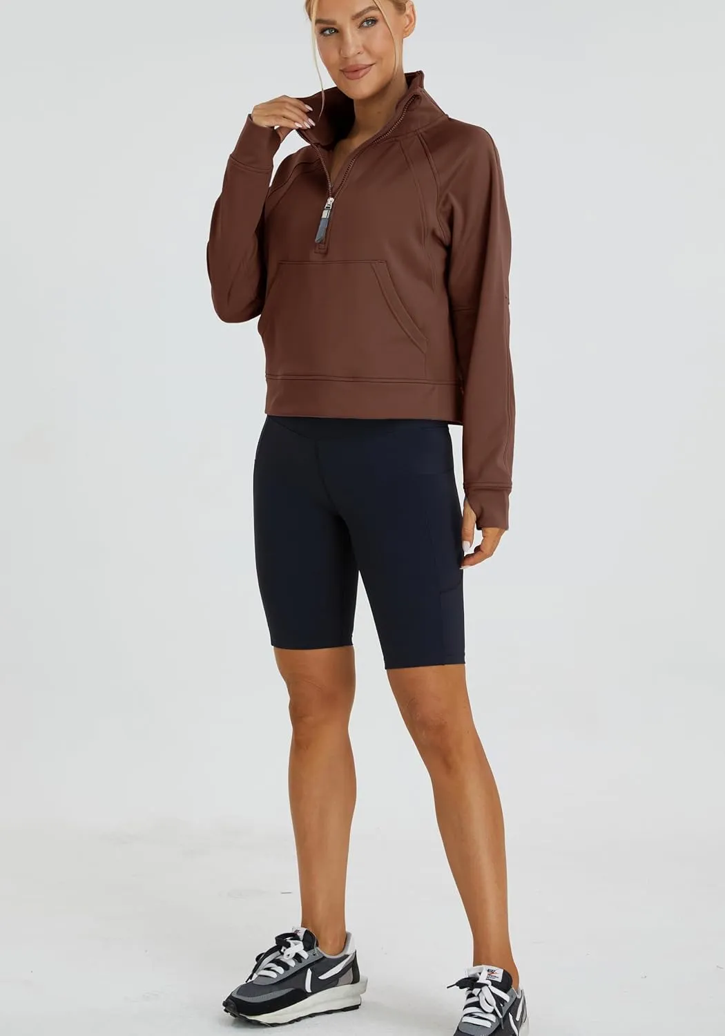 Oalka Sweatshirts Half Zip Long Sleeve Cropped Pullover Lined Full Zip Hoodies Thumb Hole Jackets