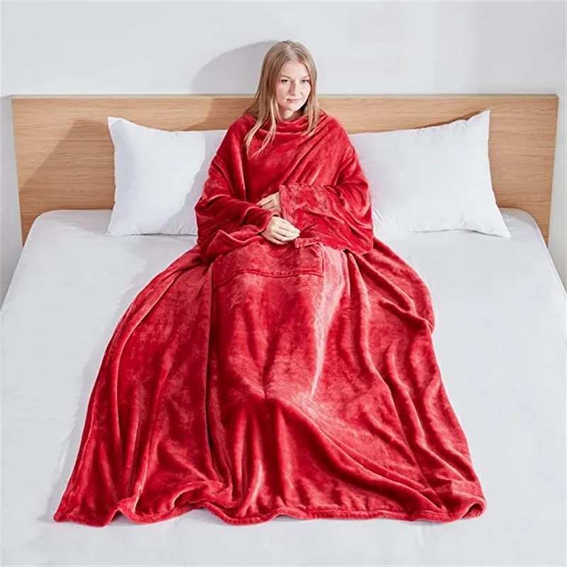 Plus Size Multifunctional Home Casual Flannel Blanket with Sleeves